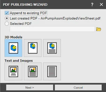 Dodawanie pliku PDF 3D, formatki 2D lub tabeli części do innego pliku PDF